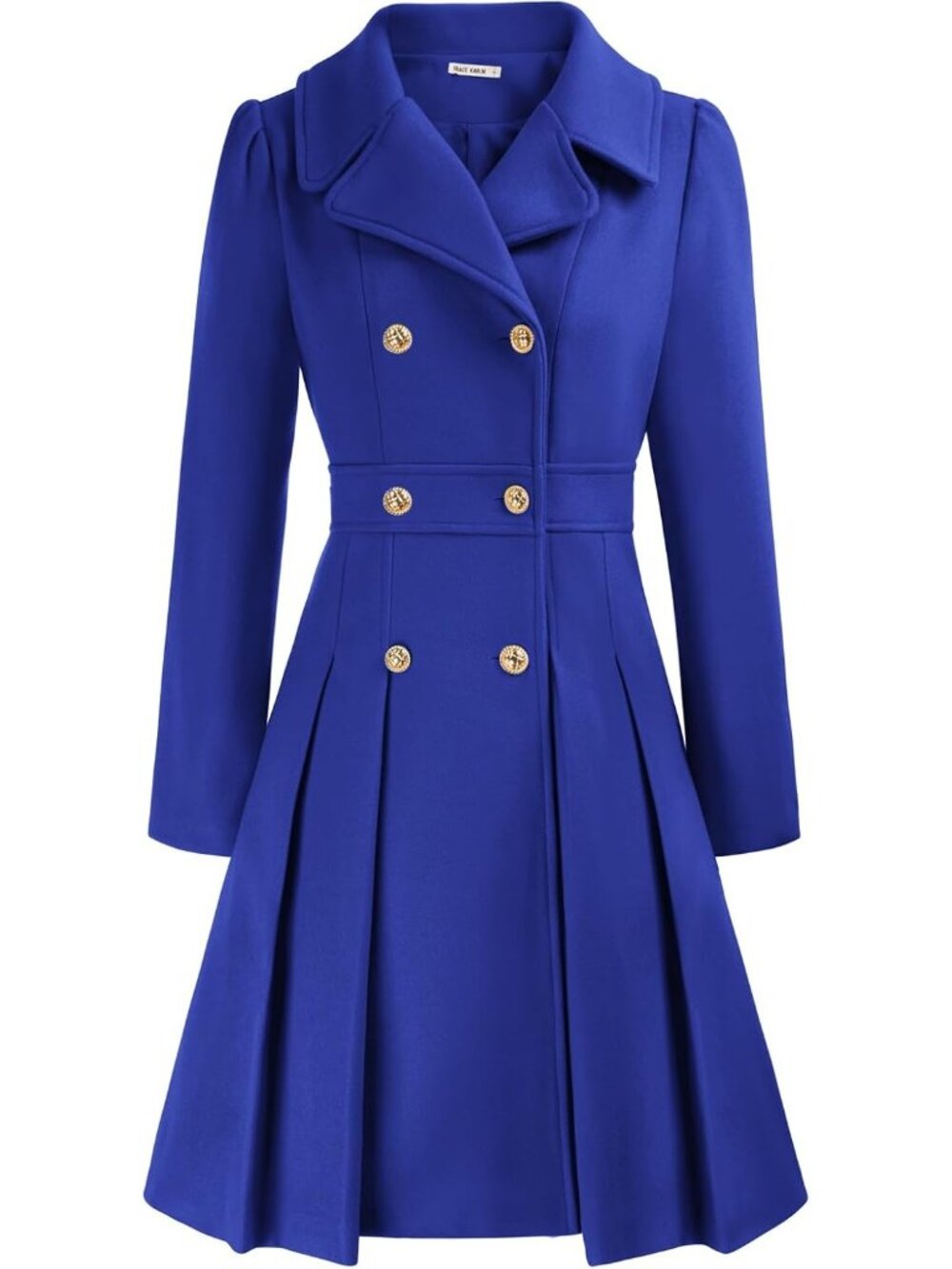 Women Royal Blue Double Breasted Gold Button Notch Lapel Pleated Trench Pea Coat